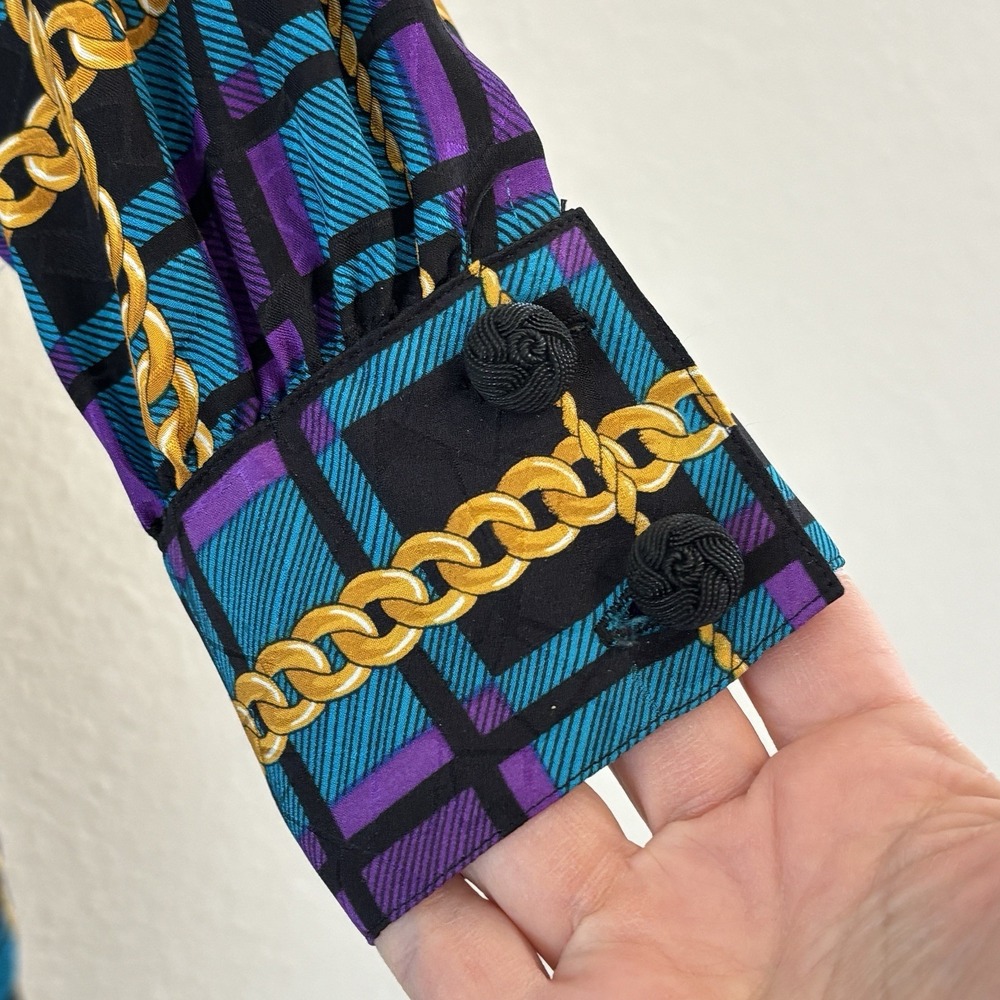 90s Adrianna Papell Silk Shift Dress Womens Blue Purple Plaid Chain Print Bow - Picture 6 of 12